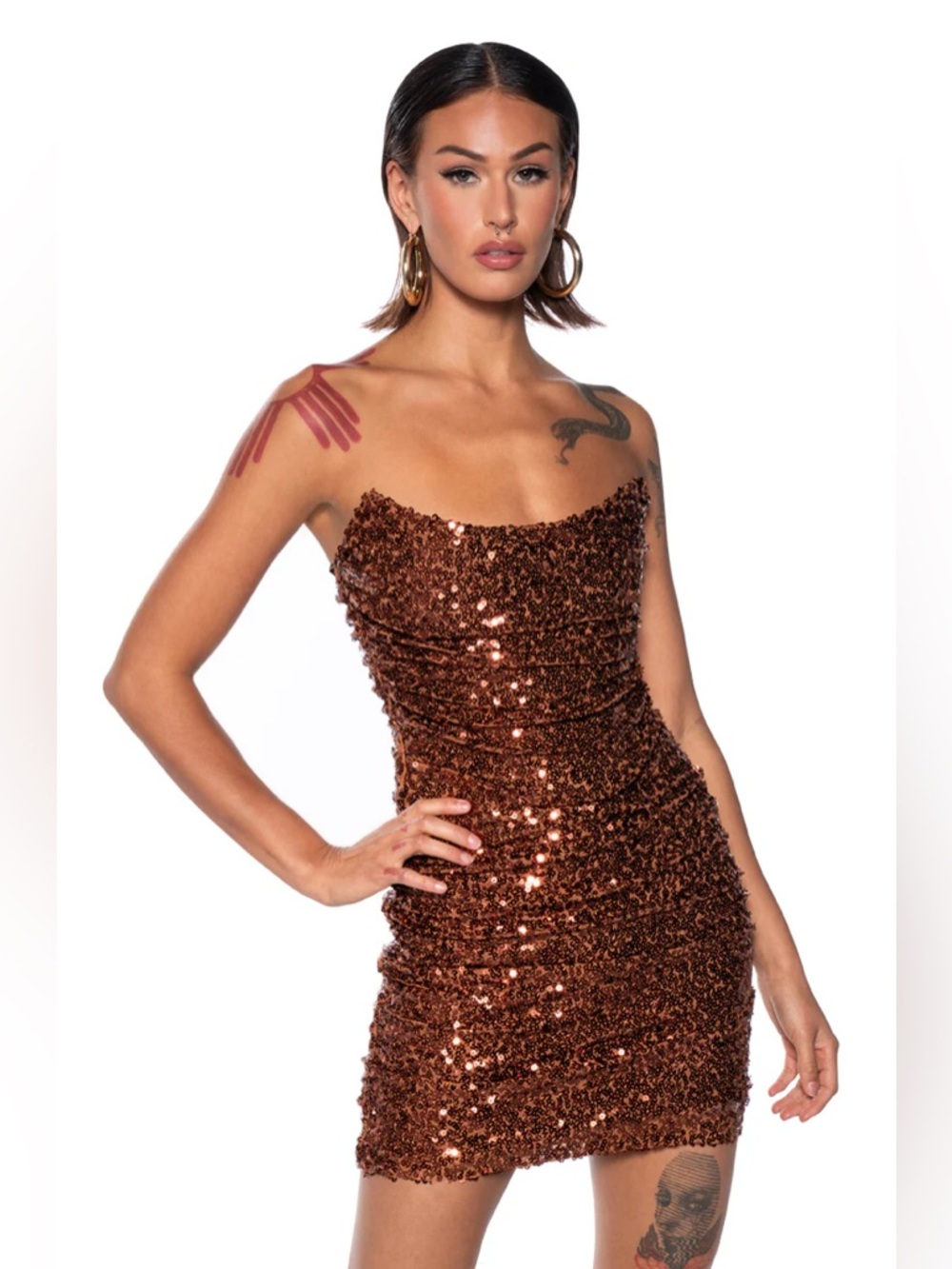 MAYA SEQUIN STRAPLESS MINI DRESS IN BROWN - S